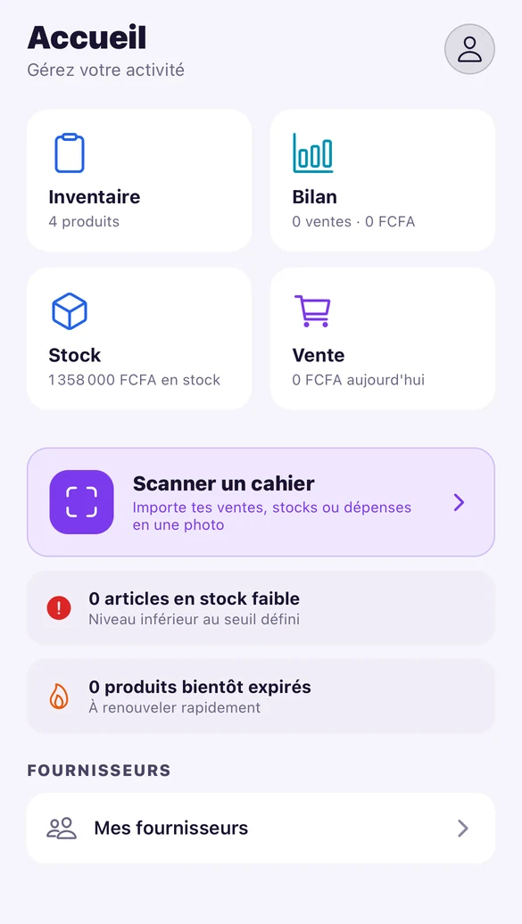 Écran d'accueil de l'application Vocoshop en mode clair : accès Inventaire, Bilan, Stock et Vente, bandeau Scanner un cahier, alertes de stock et accès Mes fournisseurs.